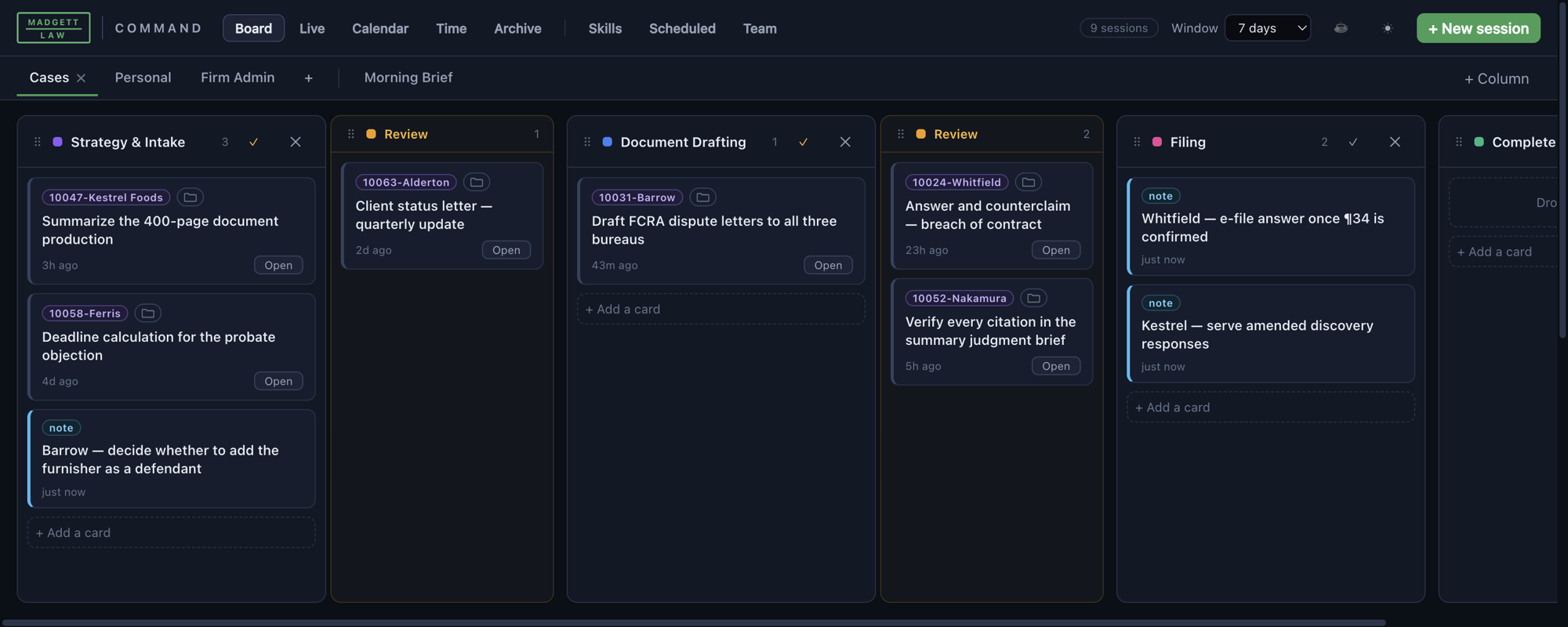 A dark kanban board titled Cases with columns for Strategy and Intake, Review, Document Drafting, Review, Filing and Complete. Each card shows a matter number badge, a task title, and how long ago it moved.